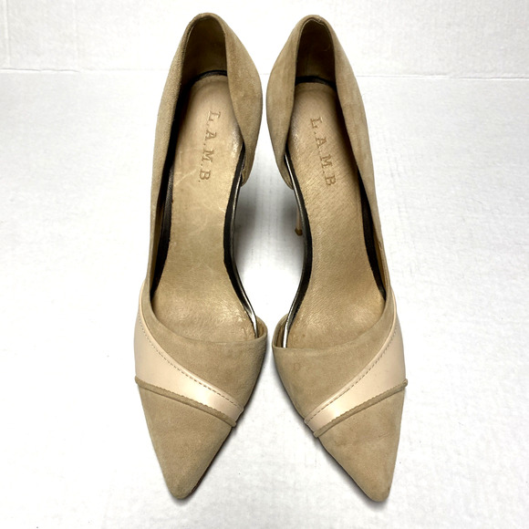 L.A.M.B. Pump Suede Leather Tan Beige Natural Point Toe Slim Heel D'orsay 9.5 - Picture 3 of 8